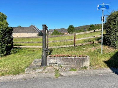 Pompe -colonne en fonte (fin 19è) + bac en pierre bleue monolithe*